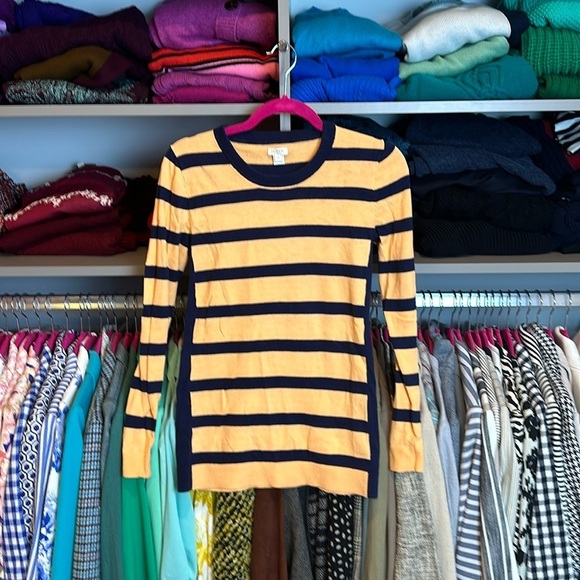 J. Crew Sweaters - J Crew orange and navy striped long sleeve crew neck sweater size XS